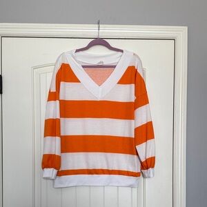 BiBi Striped V-Neck Sweater in Orange and White - Size M